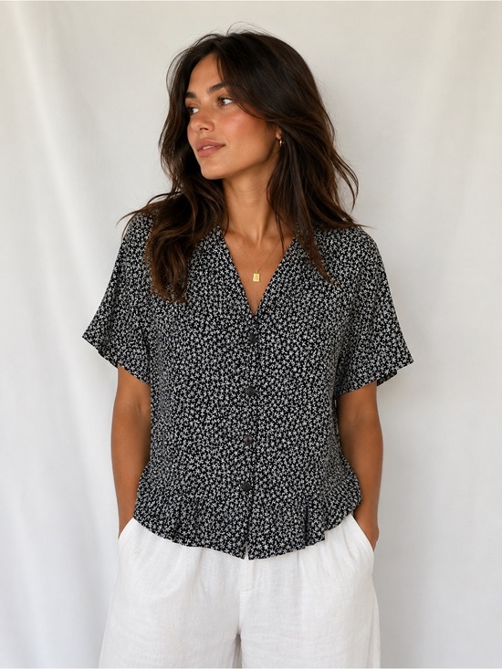 studio 3000 Tops - Studio Black and White Mini Floral Button-Down Shirt
